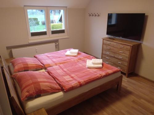 a bedroom with a bed with a television and a dresser at Apartments Blütenweg in Leichlingen