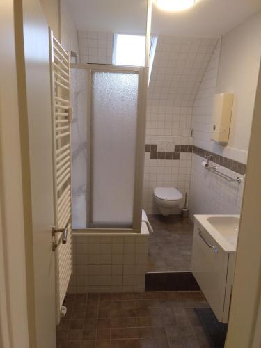 a bathroom with a toilet and a sink at Apartments Blütenweg in Leichlingen
