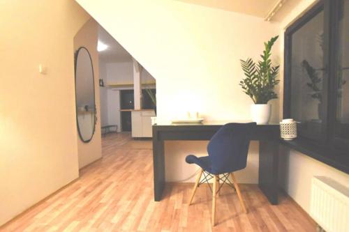 Zimmer mit einem Schreibtisch, einem Stuhl und einem Spiegel in der Unterkunft Koci Dom in Wieliczka