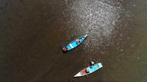 an overhead view of two boats in the water at Natural Lodge Caño Negro in Caño Negro