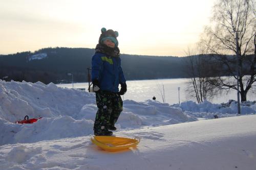 a person standing on a snowboard in the snow at Bakarloko Lipno Apartments in Lipno nad Vltavou