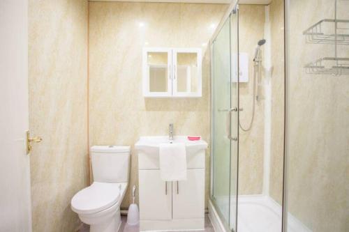 een badkamer met een toilet, een douche en een wastafel bij Glasgow's Cosy Family Home Near SECC Hydro in Glasgow