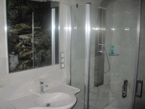 ein Badezimmer mit Waschbecken und Dusche in der Unterkunft Casa Rural Manuel de Pepa Xuaca in Tuilla