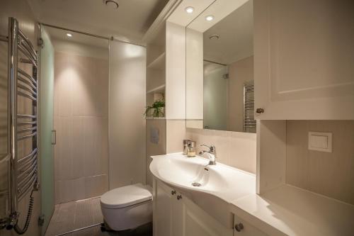 a bathroom with a sink and a toilet and a mirror at MARIOS Vaizdas į marias, terasa in Preila