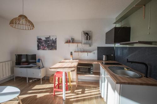 une cuisine avec un évier et un plan de travail dans l'établissement Appartement Talloires vue lac et montagnes, à La Pirraz
