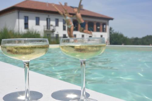 dos copas de vino blanco sentadas junto a una piscina en Casa Felmar, en Incisa Scapaccino