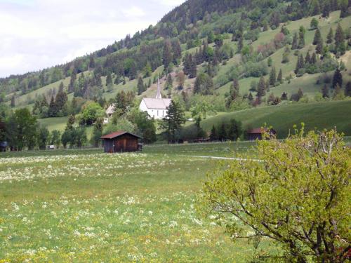 a field with a house in the middle of a mountain at Hörnleblick in Unterammergau