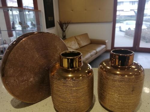 two vases sitting on a table in a living room at Ahr Hotel Antille in Cazzago di Pianiga