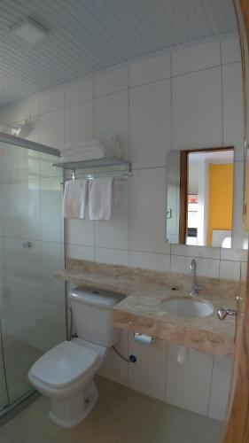 a bathroom with a toilet and a sink and a mirror at Recanto na Floresta in Rio Branco