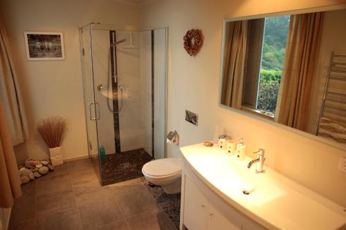 un bagno con doccia, WC e lavandino di The Bay Lodge a Pohara