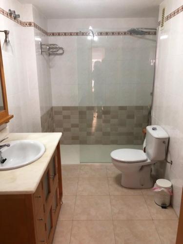 a bathroom with a toilet and a shower and a sink at Apartamento las Yucas - Aguilas in Águilas