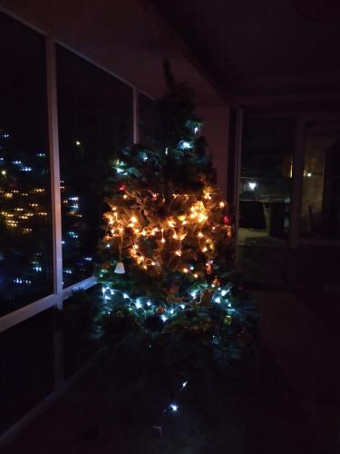 a christmas tree with lights on a balcony at night at Royal Telavi in Tʼelavi