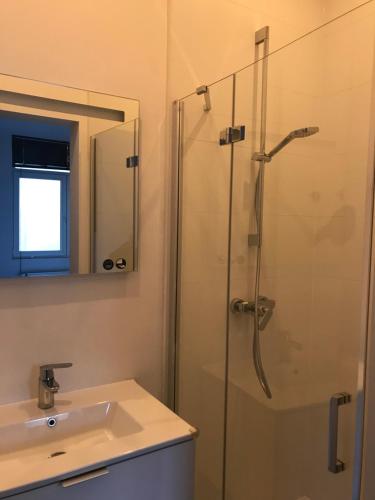 y baño con ducha y lavamanos. en New apartment in Brussels house, en Bruselas