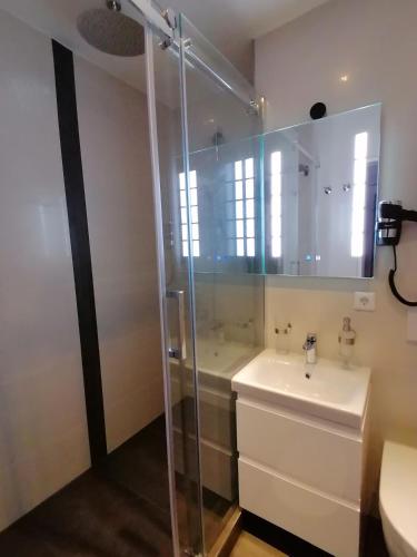 a bathroom with a sink and a shower at Ferienwohnung am Schluchsee mit Balkon & Pool in Schluchsee