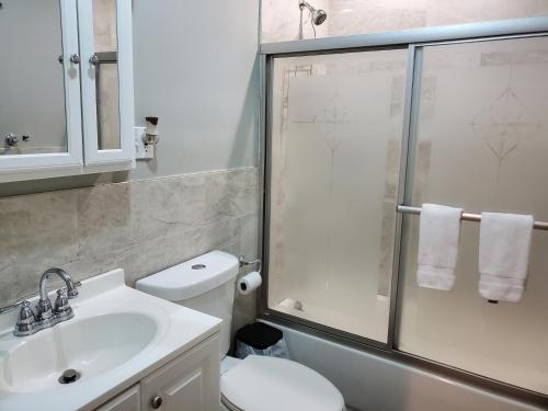 a bathroom with a shower and a toilet and a sink at Cozy Retreat on Atlantic Ave in Brooklyn