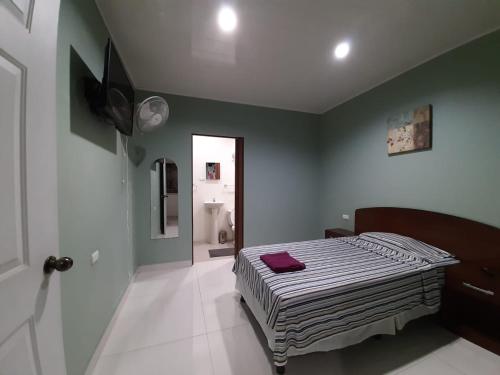 a bedroom with a bed in the corner of a room at Hotel Casa Blanca in León