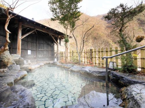 a pool of water in front of a building at Ginshotei Awashima in Numata
