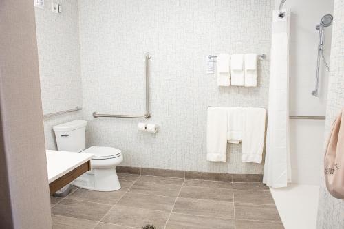 a bathroom with a toilet and a sink and towels at Holiday Inn Express & Suites - Halifax – Dartmouth in Halifax