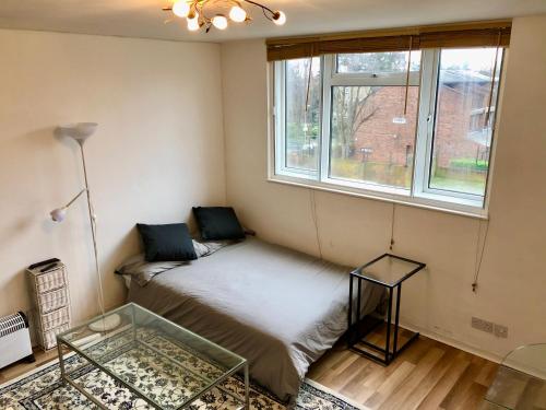 ロンドンにあるCentral apartment 5 mins Putney tube stationのベッドと窓が備わる小さな客室です。