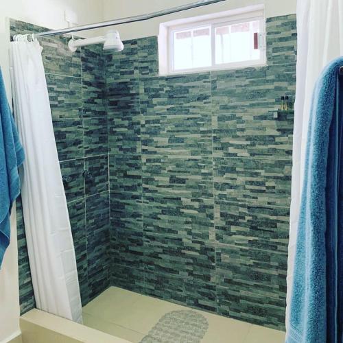 a bathroom with a shower with a brick wall at Lofts Zaragoza in Valles
