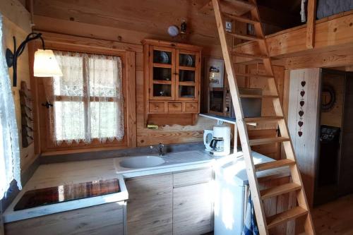 uma cozinha com um lavatório e uma escada numa cabina em Au petit chalet avec son SPA - Escapade en amoureux ! em Cruet