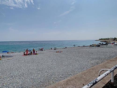 un groupe de personnes sur une plage avec l'océan dans l'établissement STUDIO NICE, à Nice