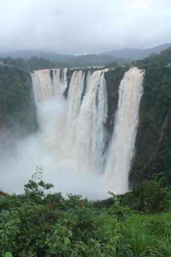 a view of a waterfall in the jungle at KSTDC Hotel Mayura Gerusoppa, Jogfalls in Māvingundi