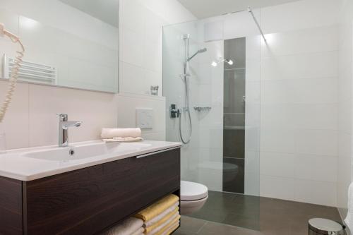 een badkamer met een wastafel en een douche bij Hofschenke Pfeiftal - Bergblick in San Martino