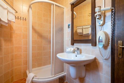 a bathroom with a sink and a shower at Stupnički Dvori Winery Hotel in Brodski Stupnik