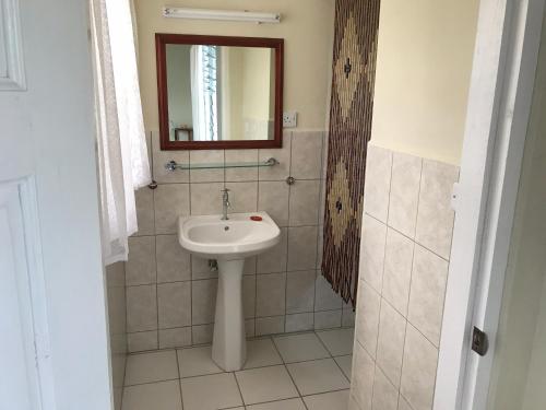 ein Bad mit einem Waschbecken und einem Spiegel in der Unterkunft Romantic Cottage in Sauteurs