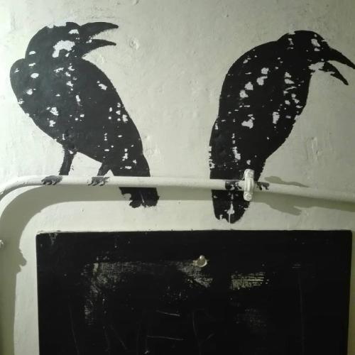 dois pássaros negros sentados em cima de uma televisão em Studiocasarte em Ovada