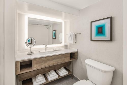 Un baño con lavabo, inodoro y espejo. en Crowne Plaza Orlando - Lake Buena Vista by IHG, en Orlando