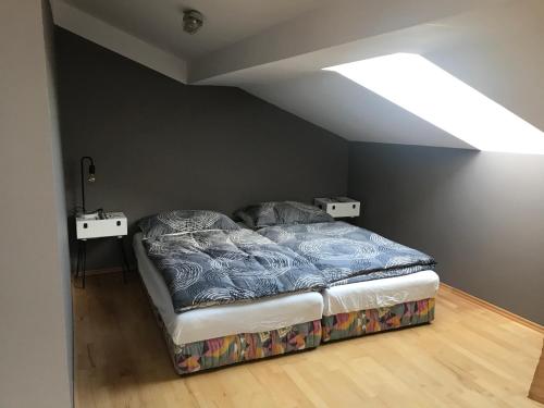 a bedroom with a bed in a room with a ceiling at Helle, offene Dachgeschosswohnung mit Terrasse in Oberloisdorf