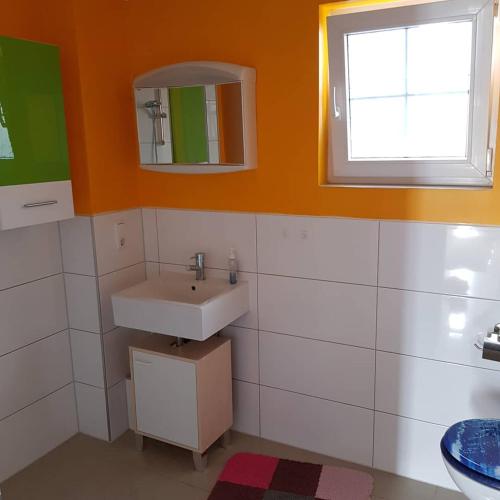 a bathroom with a sink and a mirror at Ferienwohnung Müller in Bestwig