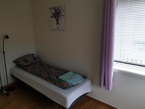Bett in einer Ecke eines Zimmers mit Fenster in der Unterkunft Kristian 4. Gt. apartement in Vardø