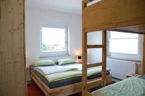 1 Schlafzimmer mit 2 Etagenbetten und 2 Fenstern in der Unterkunft Villa Kreisel in Dresden