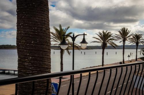 a view of a body of water with palm trees at Apartamentos Gabriel Sans in Fornells