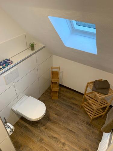 a small bathroom with a toilet and a window at DIE Mansarde ! in Saarbrücken