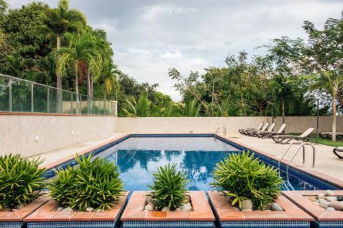 a swimming pool with plants in a backyard at Apartamento El Palmar Residences in San Carlos