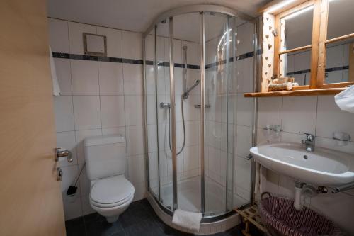 a bathroom with a shower and a toilet and a sink at Crusch Alba Studio auf der Strassenseite Sta Maria in Sta Maria Val Müstair