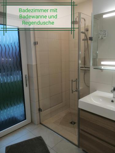 a bathroom with a shower and a sink at Haus Ostwind in Zinnowitz