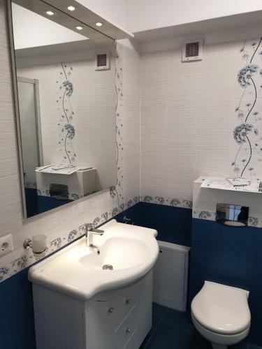 a bathroom with a sink and a toilet and a mirror at Topaz Central Apartment in Bacău