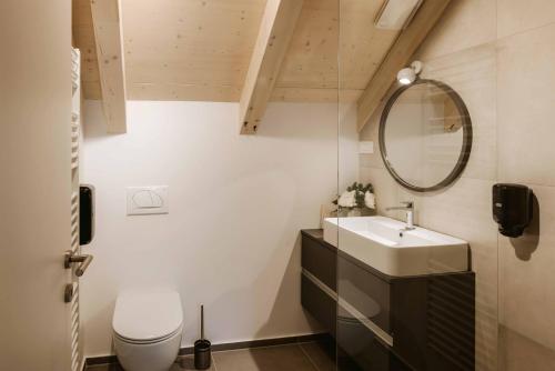 a bathroom with a sink and a toilet and a mirror at Apartment Špica - Private parking in Kranjska Gora