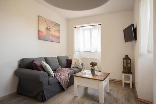 a living room with a gray couch and a table at Apartmány HÁJOVNA Lipno in Loučovice