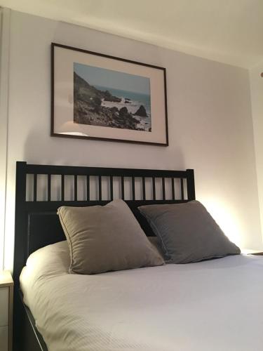 Central Morzine, Spacious 2 Bedroom Family Apartment في مورزين: سرير مع وسادتين وصورة على الحائط