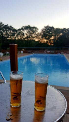 dos vasos de cerveza sentados en una mesa cerca de una piscina en Appley Lodge Glan Gwna, en Caernarfon