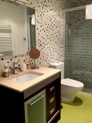 a bathroom with a sink and a toilet and a mirror at Casa rural Laguna de Uña in Uña