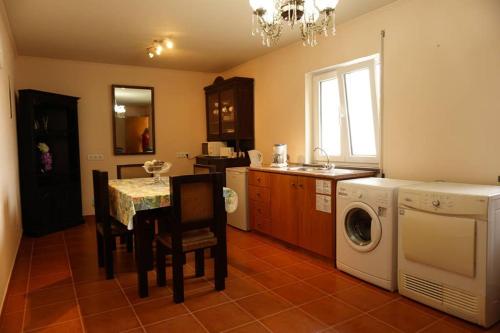 a kitchen with a table and a washing machine at OceanFront Studio - Casa Santo Antonio in São Mateus