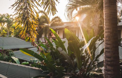 a view from the garden of a resort with palm trees at Palms City Resort in Darwin