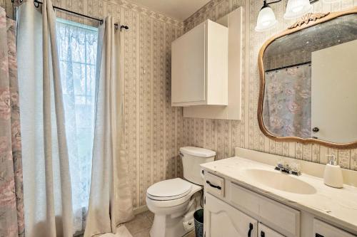 a bathroom with a toilet and a sink and a mirror at Riverfront Martindale House with 2 Covered Decks in Martindale